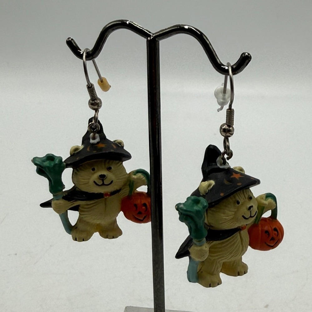 Halloween Witch Bear Earrings Pumpkin Jack O Lantern Broom Dangle Spooky Jewelry